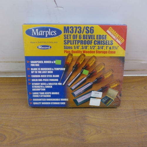 5019 - A set of six Marples M373/SC bevel edge splitproof chisels in a wooden storage case