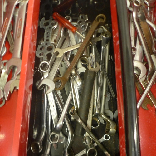 5023 - Two metal toolboxes, one contains a large quantity of assorted spanners