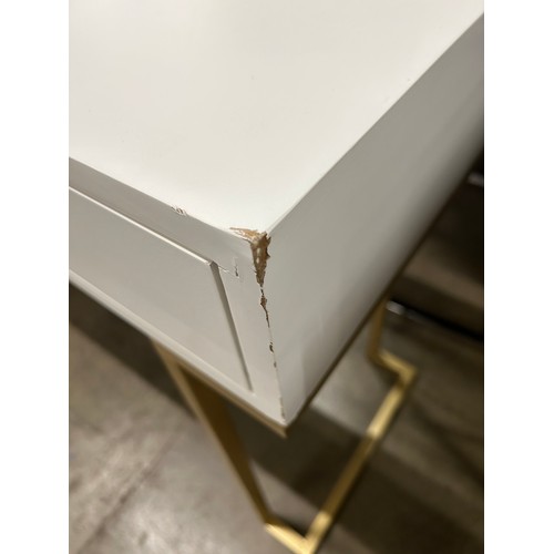 3082 - A white two drawer console table with gold legs