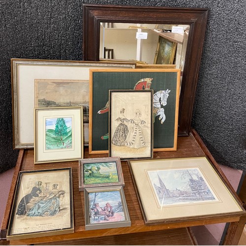 335 - A Victorian framed mirror and etchings and painting, etc.