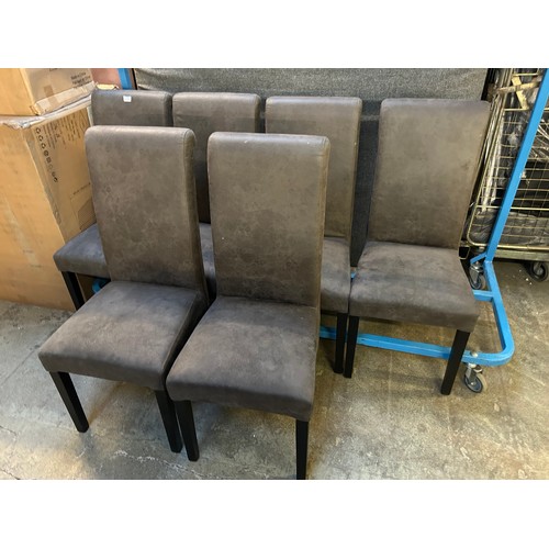 3258 - A set of six brown faux leather dining chairs (marked)