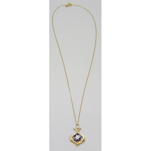 7003 - A 9ct gold, sapphire and diamond pendant on a 9ct gold chain, 2.6g total, 2cm pendant