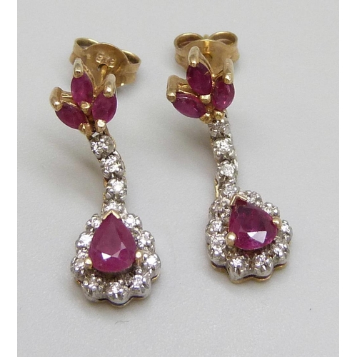 7005 - A pair of 9ct gold cluster drop earrings set with rubies and diamonds, 2.7g, 2cm drop