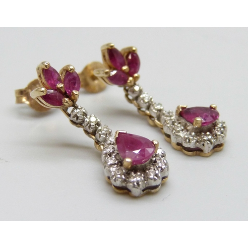 7005 - A pair of 9ct gold cluster drop earrings set with rubies and diamonds, 2.7g, 2cm drop