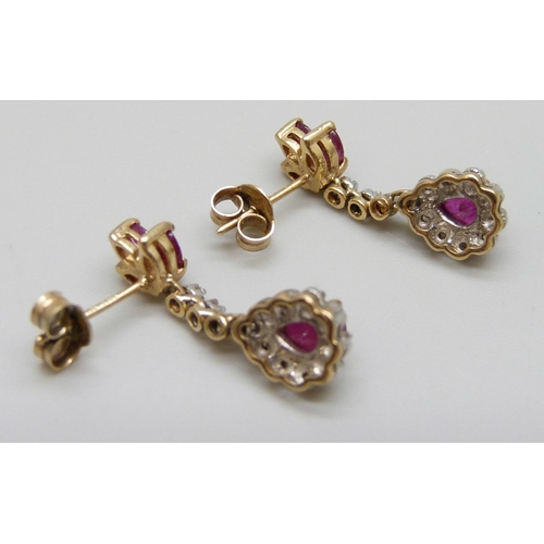 7005 - A pair of 9ct gold cluster drop earrings set with rubies and diamonds, 2.7g, 2cm drop