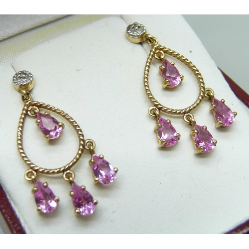 7007 - A pair of 9ct gold pink sapphire and diamond drop earrings with butterflies, 2.2g, 2.2cm drop