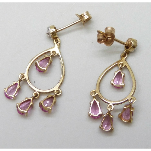 7007 - A pair of 9ct gold pink sapphire and diamond drop earrings with butterflies, 2.2g, 2.2cm drop