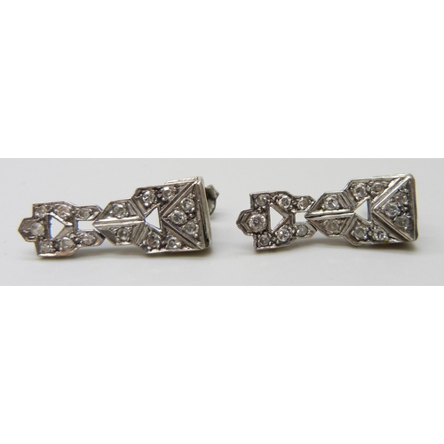 7010 - A pair of white metal Art Deco diamond set earrings, 4.7g, 2.3cm