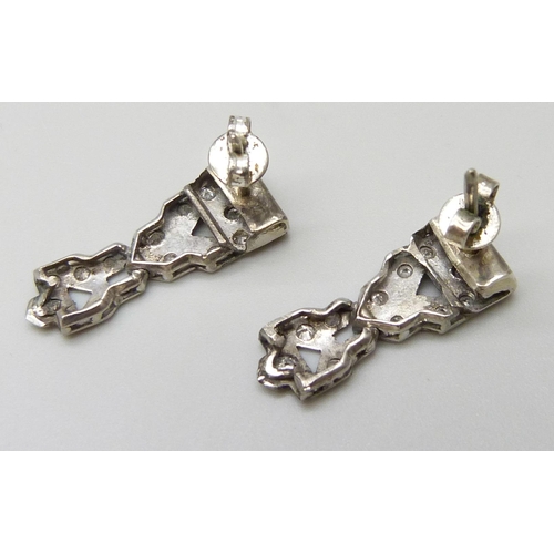 7010 - A pair of white metal Art Deco diamond set earrings, 4.7g, 2.3cm