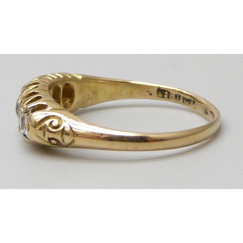 7013 - A Victorian 18ct gold five stone diamond ring, 3.1g, N, with an antique jewellery box