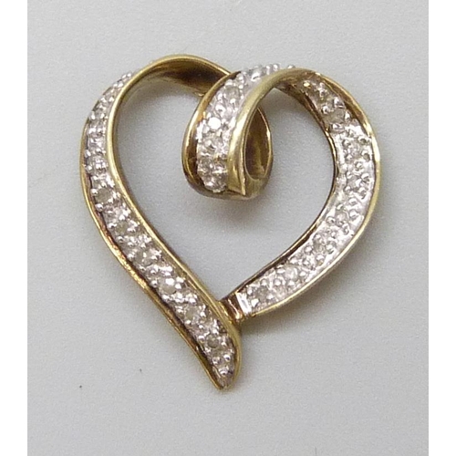 7019 - A 9ct gold and diamond set heart shaped pendant, 2.1g, 2cm