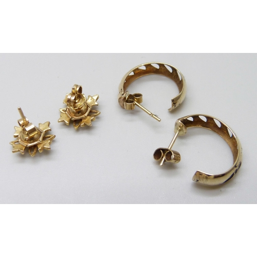 7032 - Two pairs of 9ct gold earrings with butterflies, 3.8g total