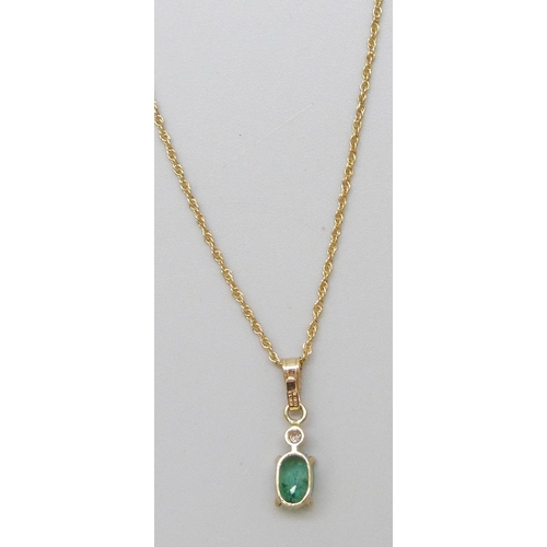 7051 - A 9ct gold, emerald and diamond pendant and chain, 1.2g, 1.4cm pendant