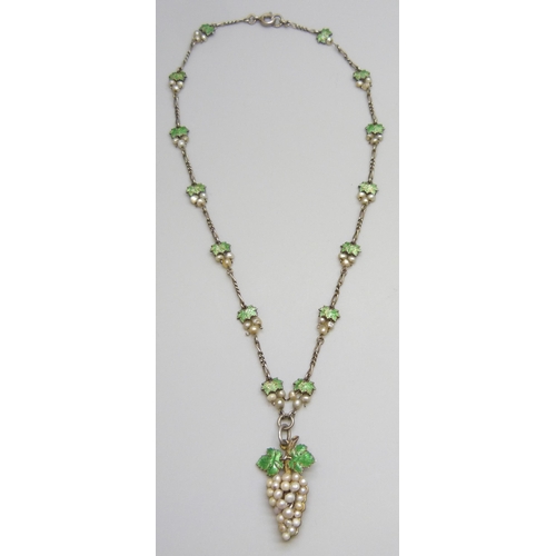 7087 - A white metal, enamel and seed pearl vine necklace, with control marks to ring, 19g, 44cm