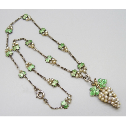 7087 - A white metal, enamel and seed pearl vine necklace, with control marks to ring, 19g, 44cm