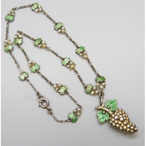 7087 - A white metal, enamel and seed pearl vine necklace, with control marks to ring, 19g, 44cm