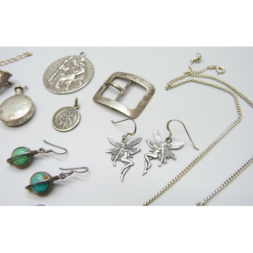 7093 - A collection of silver jewellery including a small George Jensen locket, brooches, a buckle, etc., 6... 