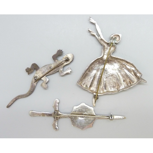 7095 - A silver Frederick Massingham ballerina brooch, 7.3cm, a silver lizard brooch, and a hallmarked silv... 