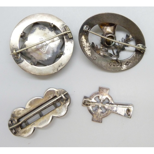 7101 - Three Victorian Scottish white metal stone set brooches, one with registration diamond verso, larges... 