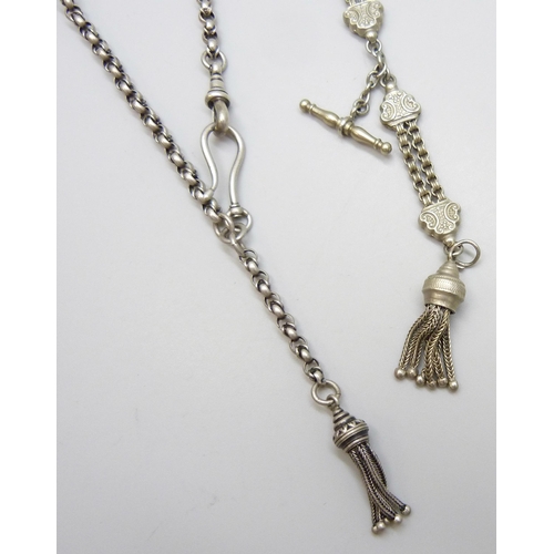 7118 - Two white metal Albertina chains, 30g, one with a plated clasp