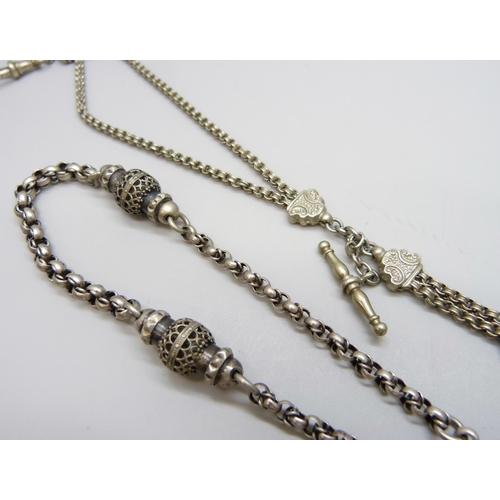 7118 - Two white metal Albertina chains, 30g, one with a plated clasp