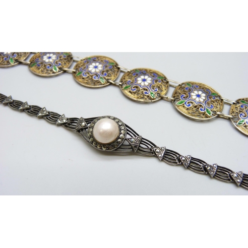 7119 - A white metal gilt and cloisonne enamel filigree bracelet with control marks to clasp, together with... 