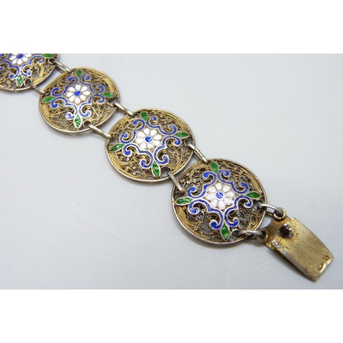 7119 - A white metal gilt and cloisonne enamel filigree bracelet with control marks to clasp, together with... 