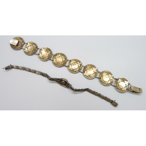 7119 - A white metal gilt and cloisonne enamel filigree bracelet with control marks to clasp, together with... 