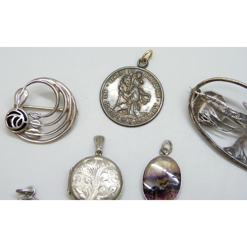 7129 - A white metal mounted Ruskin plaque, a silver set Blue John pendant, together with other silver jewe... 