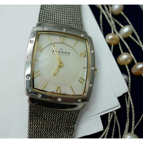 7145 - Two silver pearl set necklaces, one missing a pearl, together with a lady's Skagen wristwatch