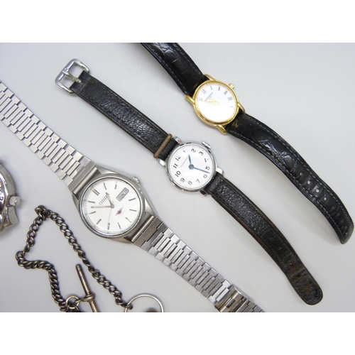 7154 - A base metal pocket watch with a short white metal Albert chain, a Citizen automatic wristwatch and ... 