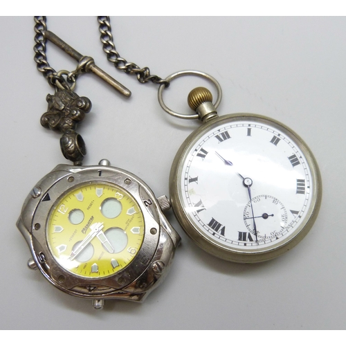 7154 - A base metal pocket watch with a short white metal Albert chain, a Citizen automatic wristwatch and ... 