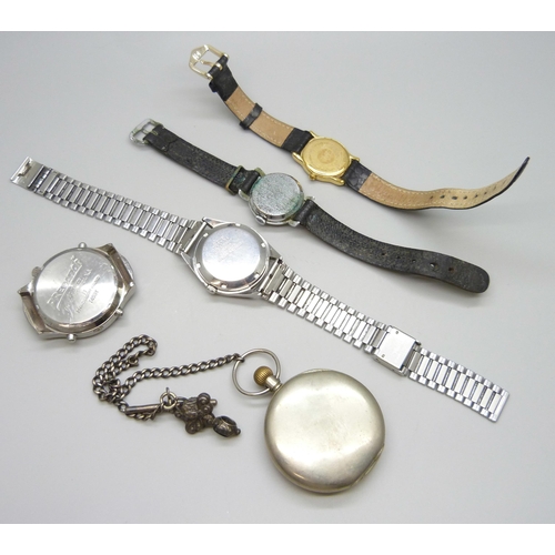 7154 - A base metal pocket watch with a short white metal Albert chain, a Citizen automatic wristwatch and ... 