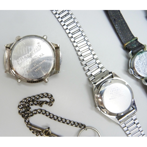 7154 - A base metal pocket watch with a short white metal Albert chain, a Citizen automatic wristwatch and ... 