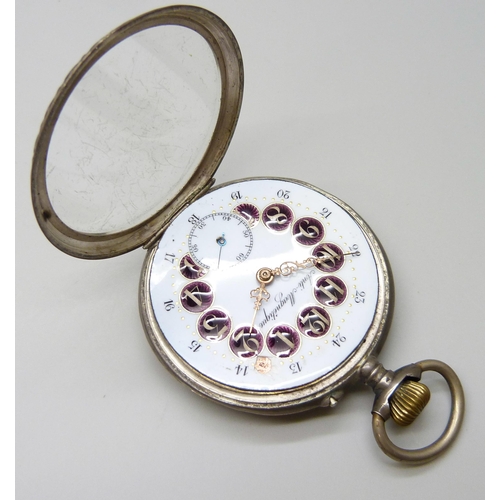 7156 - A large French .800 silver pocket watch with enamelled dial, engraved locomotive detail to case back... 