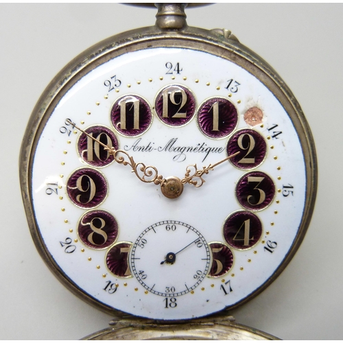 7156 - A large French .800 silver pocket watch with enamelled dial, engraved locomotive detail to case back... 