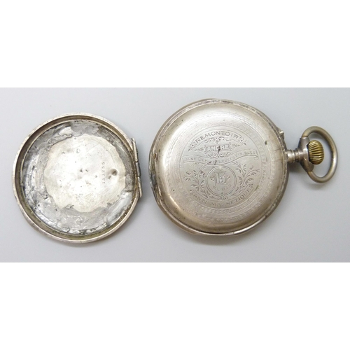 7156 - A large French .800 silver pocket watch with enamelled dial, engraved locomotive detail to case back... 