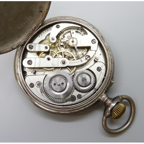 7156 - A large French .800 silver pocket watch with enamelled dial, engraved locomotive detail to case back... 