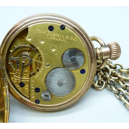 7157 - A Thomas Russell Liverpool pocket watch with a gilt metal fancy link Albert chain, 34cm