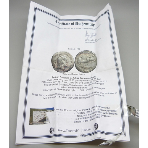 7165 - Coins - Roman Republic L. Julius Bursio moneyer silver Denarius, Rome mint: 85B.C Bust of Genius (or... 