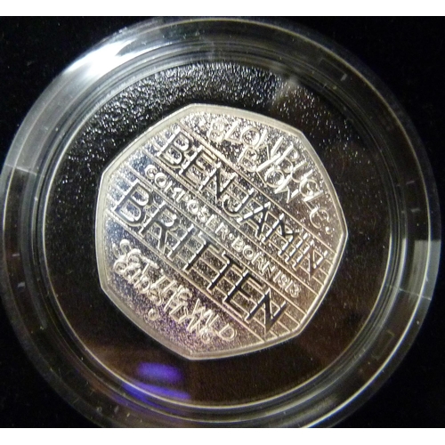 7185 - A 2013 very scarce silver proof 50p coin, Royal Mint Benjamin Britten (low mintage of 2000), boxed a... 