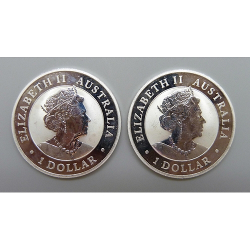 7187 - Two 1oz 9999 fine silver Australian Koala one dollar coins