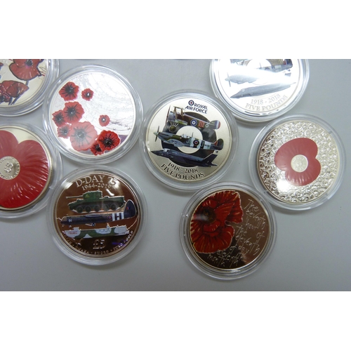 7189 - Ten enamelled commemorative £5 coins, RAF and Remembrance