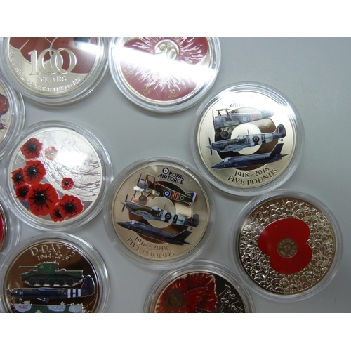 7189 - Ten enamelled commemorative £5 coins, RAF and Remembrance