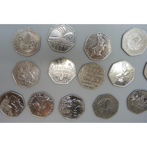 7195 - 50p collectable coins, including Beatrix Potter, Paddington, etc.