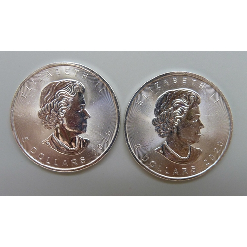 7196 - Two 1oz 9999 fine silver Canadian 5 dollars coins