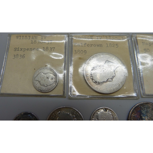 7197 - A collection of silver coins, most coins drilled, a 1917 half crown, an 1825 half crown, an 1837 six... 