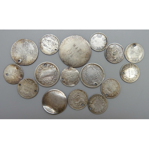 7197 - A collection of silver coins, most coins drilled, a 1917 half crown, an 1825 half crown, an 1837 six... 