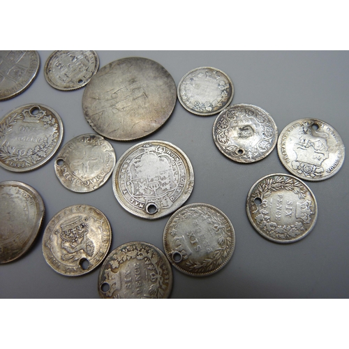 7197 - A collection of silver coins, most coins drilled, a 1917 half crown, an 1825 half crown, an 1837 six... 