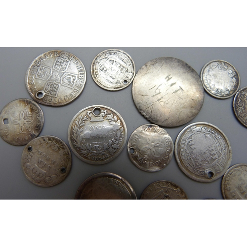 7197 - A collection of silver coins, most coins drilled, a 1917 half crown, an 1825 half crown, an 1837 six... 